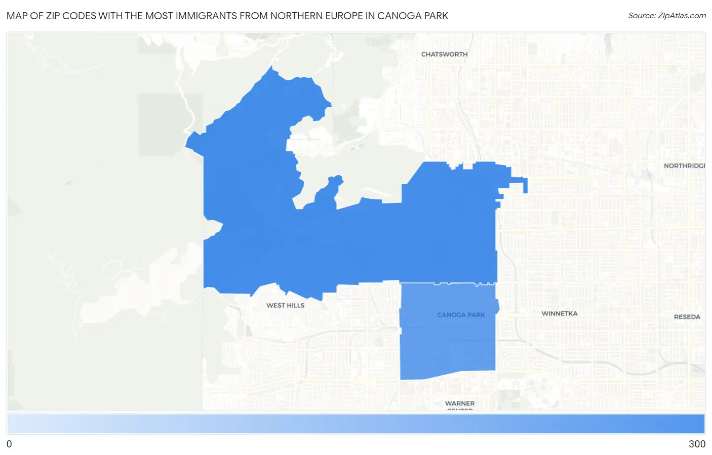 Zip Codes with the Most Immigrants from Northern Europe in Canoga Park Map