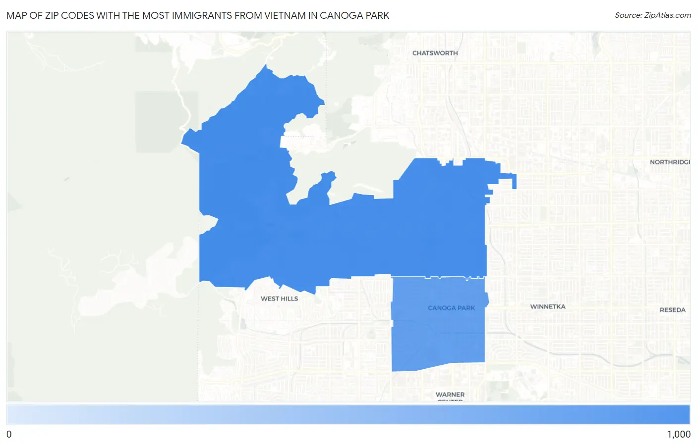 Zip Codes with the Most Immigrants from Vietnam in Canoga Park Map