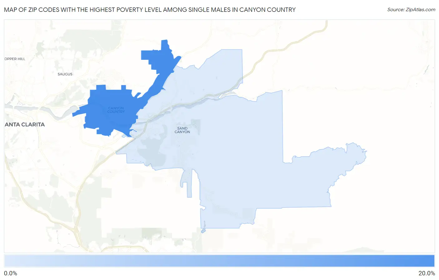 Zip Codes with the Highest Poverty Level Among Single Males in Canyon Country Map