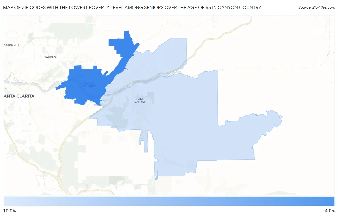 Zip Codes with the Lowest Poverty Level Among Seniors Over the Age of 65 in Canyon Country Map