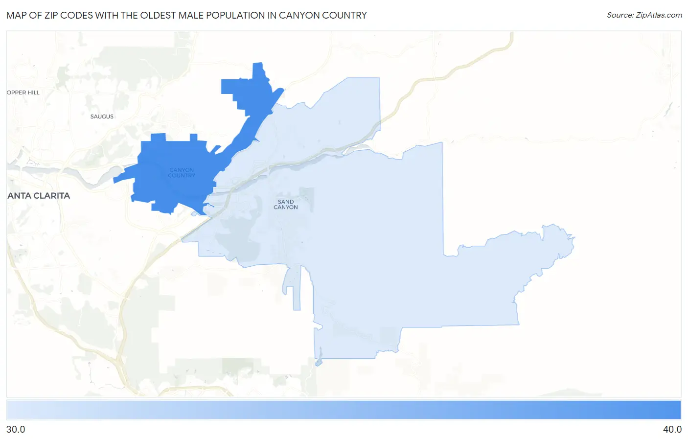Zip Codes with the Oldest Male Population in Canyon Country Map