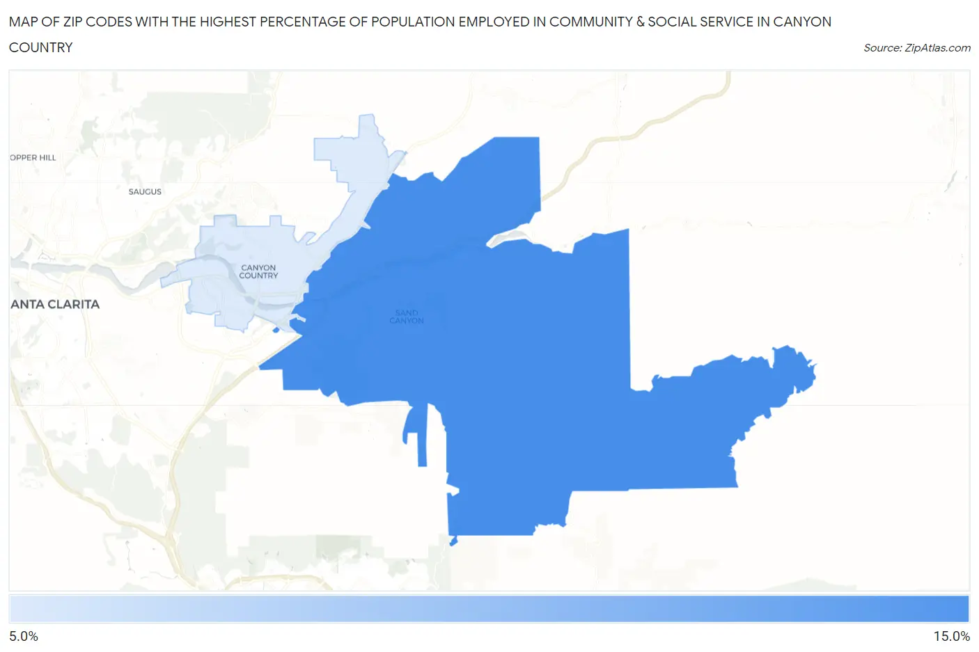 Zip Codes with the Highest Percentage of Population Employed in Community & Social Service  in Canyon Country Map