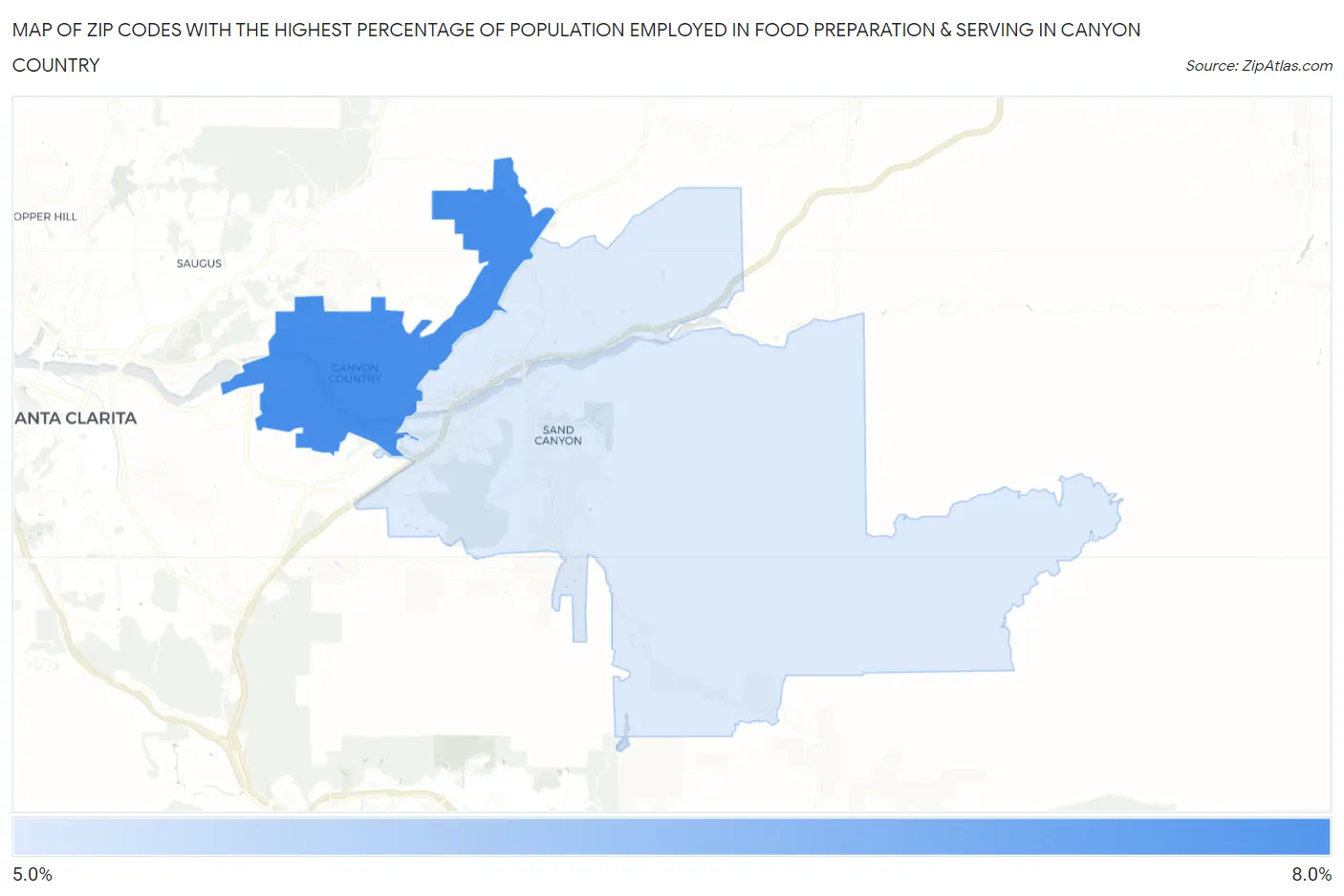 Zip Codes with the Highest Percentage of Population Employed in Food Preparation & Serving in Canyon Country Map