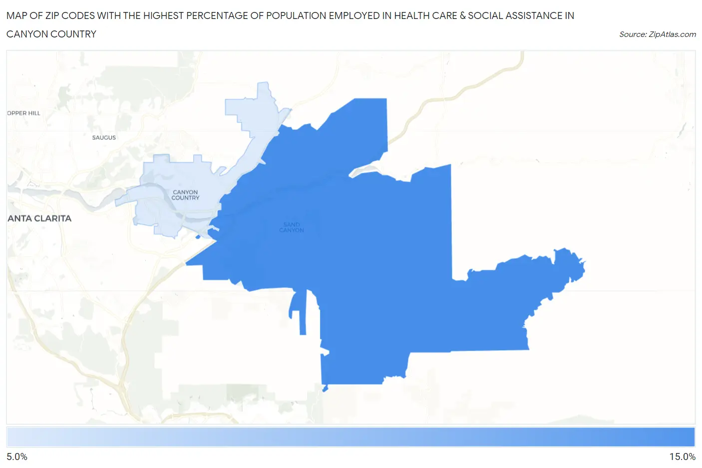 Zip Codes with the Highest Percentage of Population Employed in Health Care & Social Assistance in Canyon Country Map
