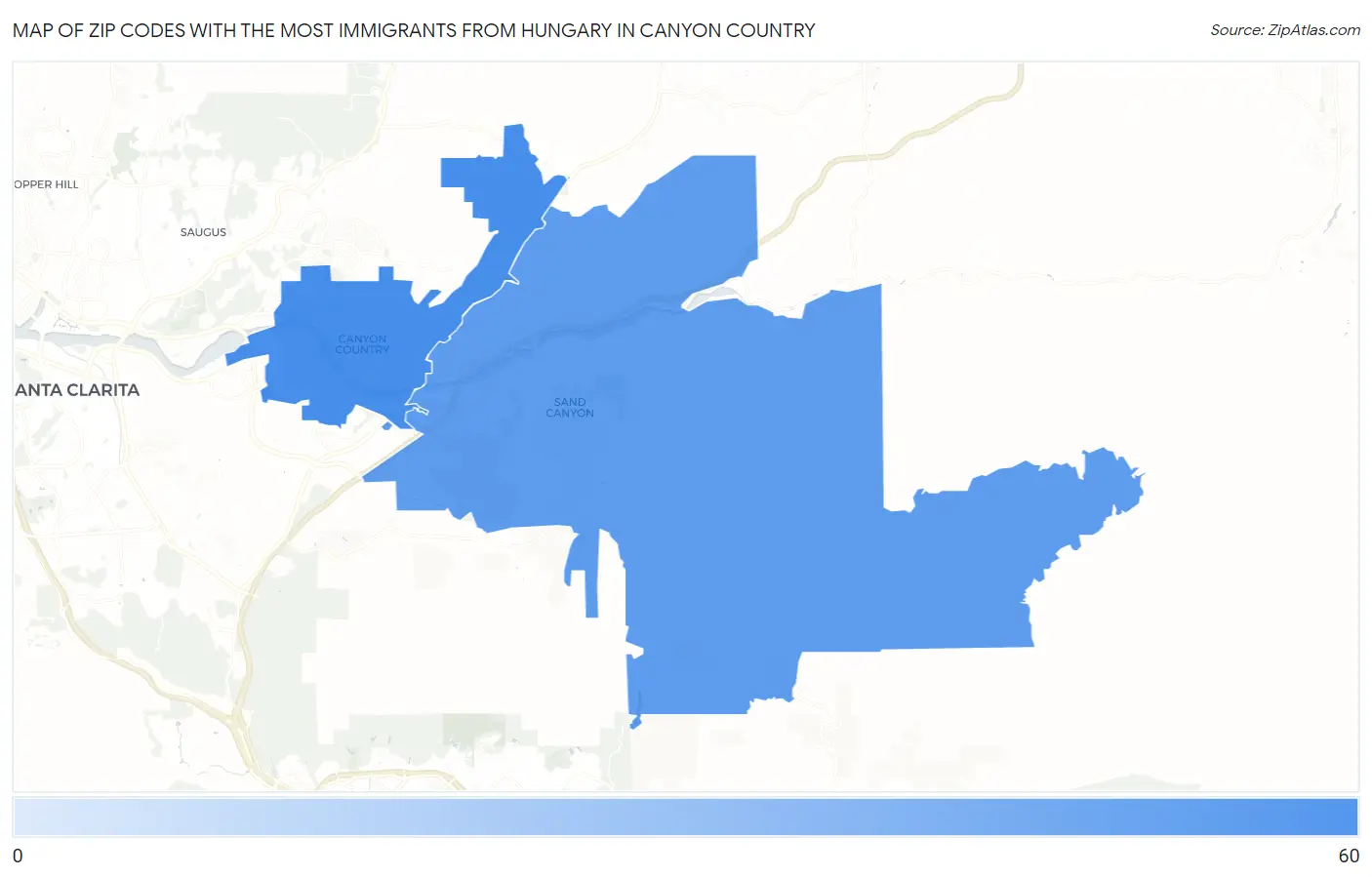 Zip Codes with the Most Immigrants from Hungary in Canyon Country Map