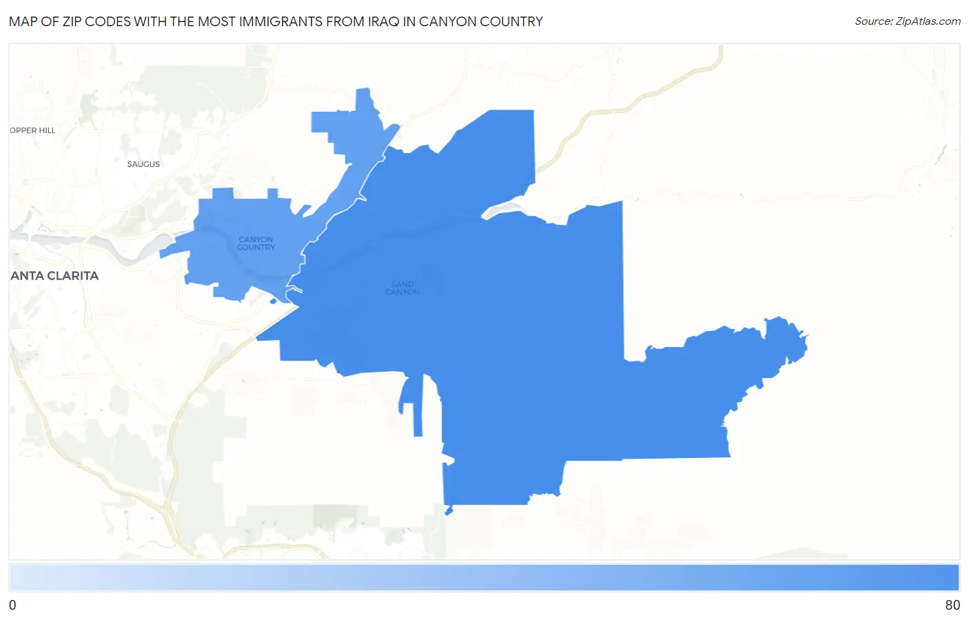 Zip Codes with the Most Immigrants from Iraq in Canyon Country Map