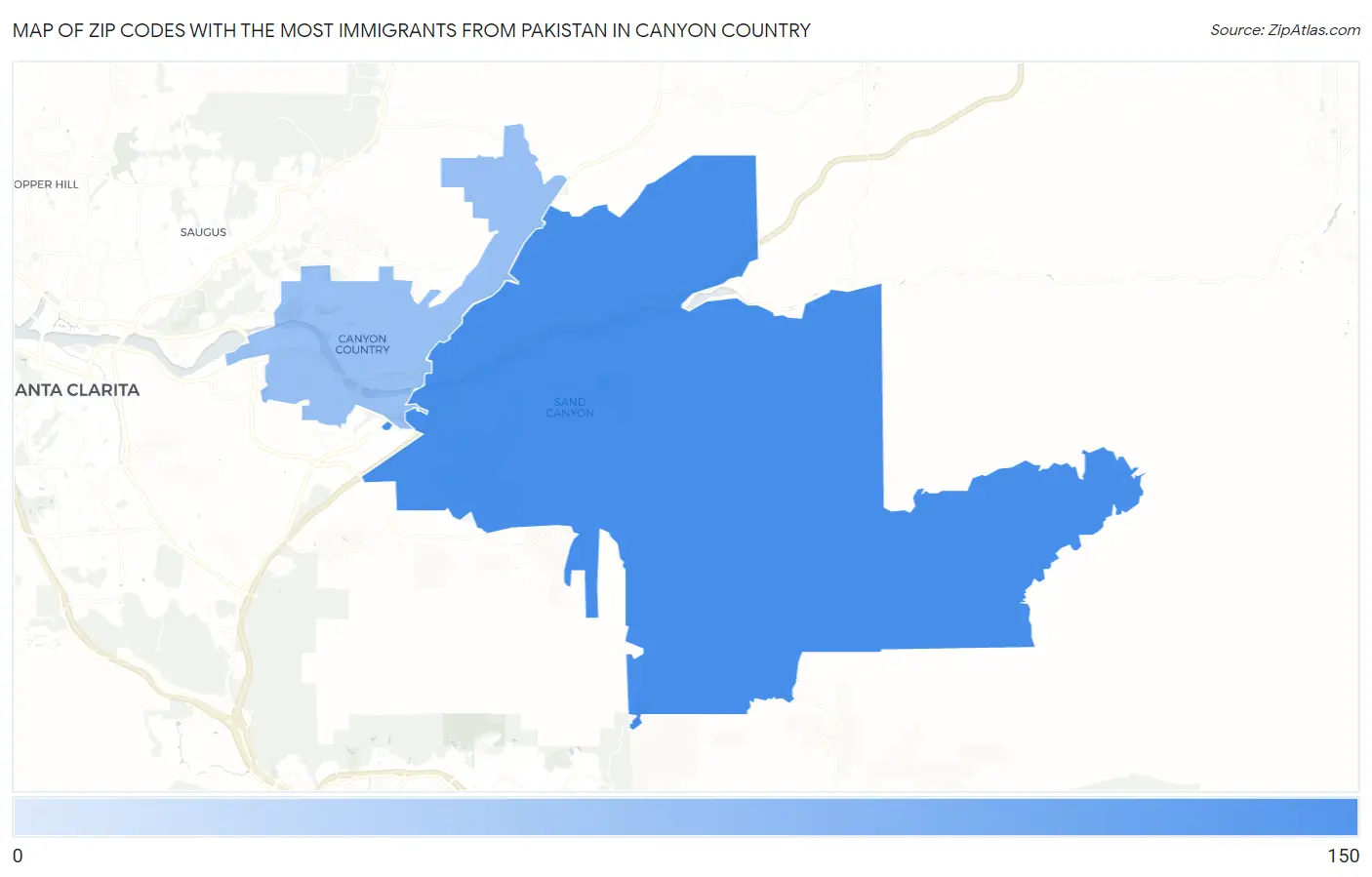 Zip Codes with the Most Immigrants from Pakistan in Canyon Country Map