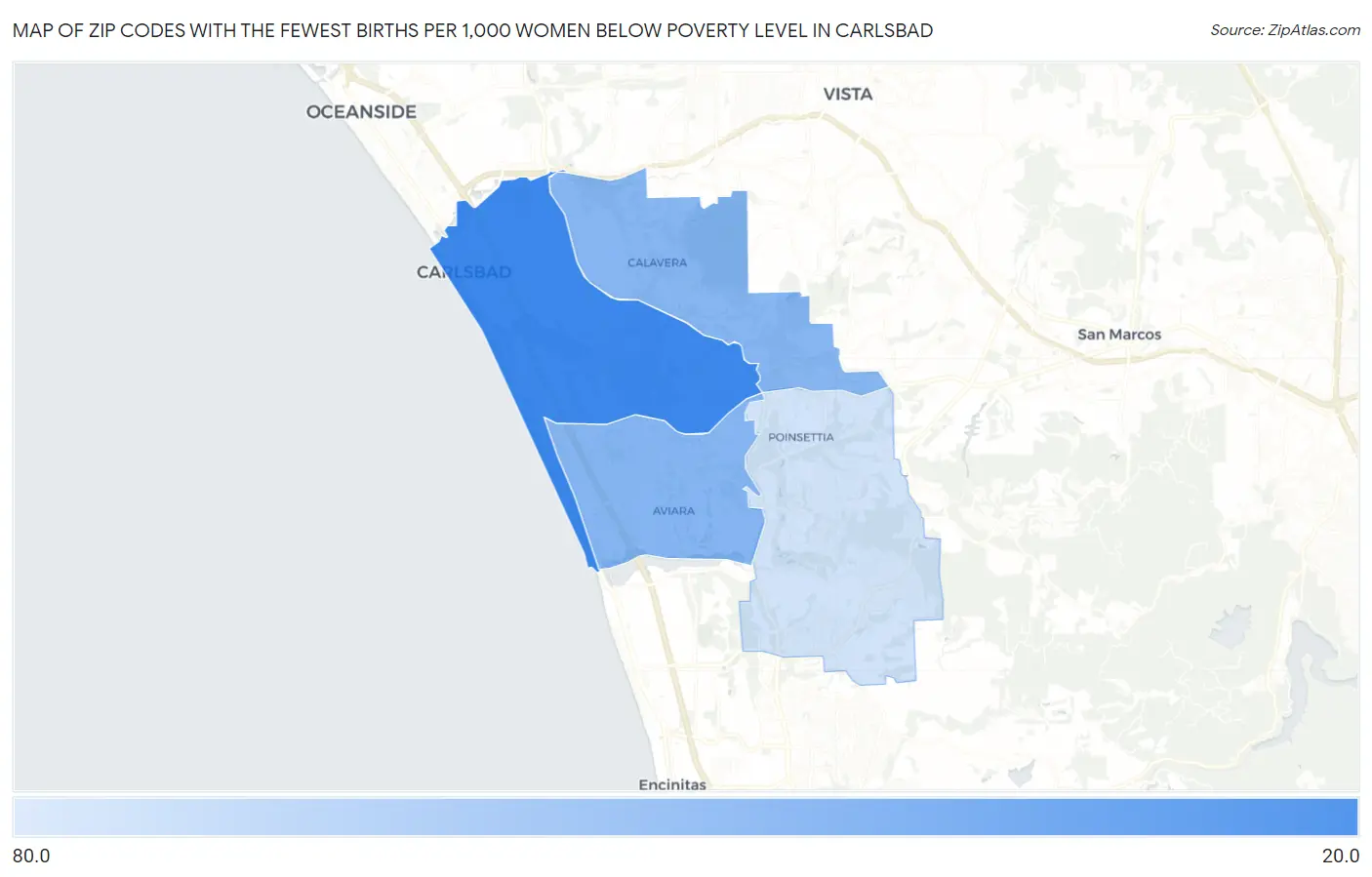 Zip Codes with the Fewest Births per 1,000 Women Below Poverty Level in Carlsbad Map