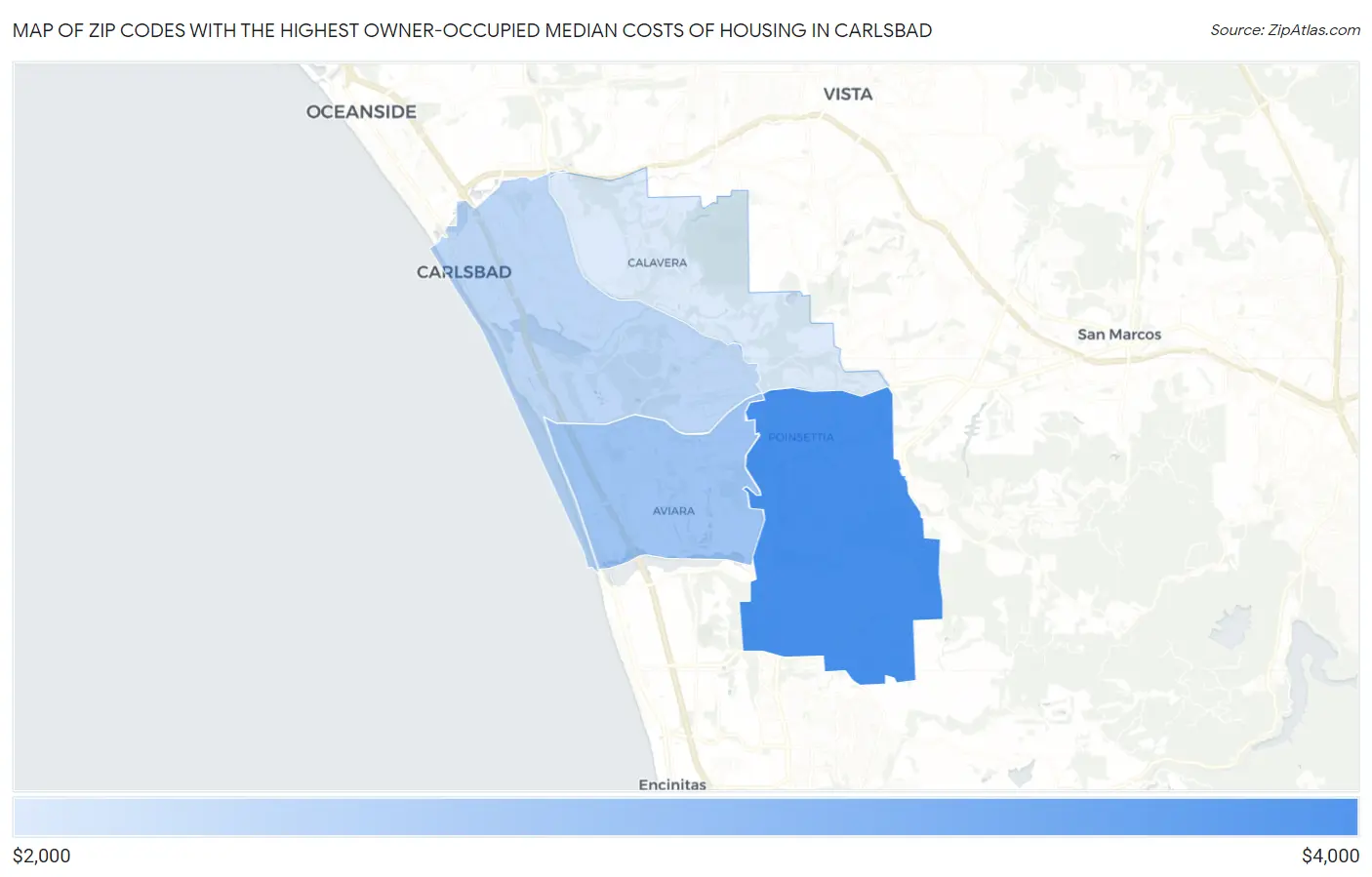 Zip Codes with the Highest Owner-Occupied Median Costs of Housing in Carlsbad Map
