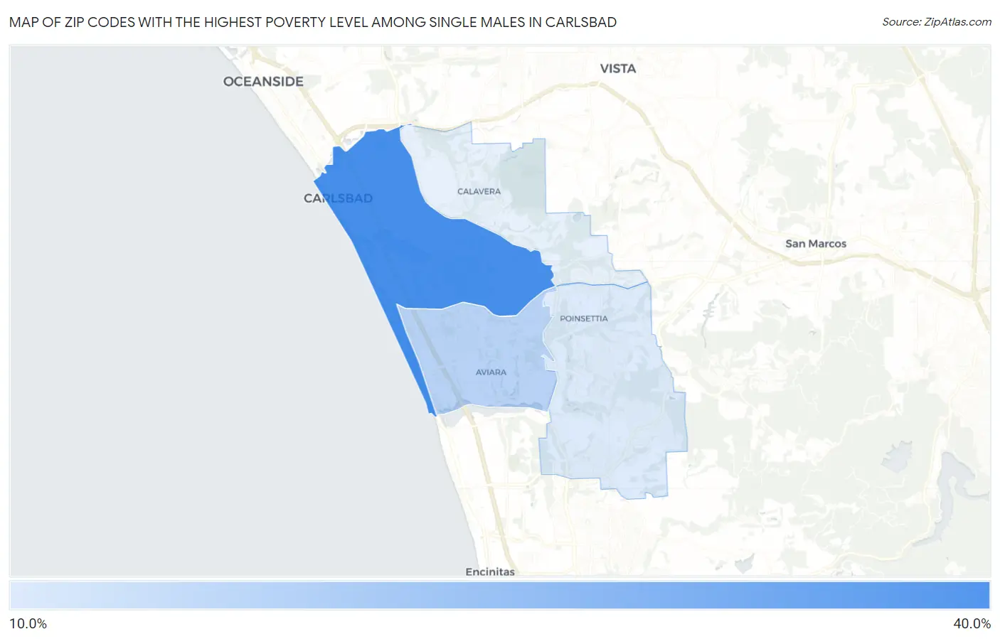 Zip Codes with the Highest Poverty Level Among Single Males in Carlsbad Map
