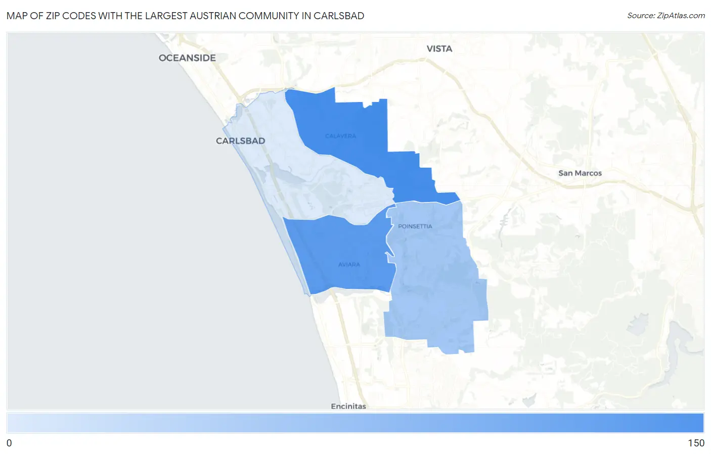 Zip Codes with the Largest Austrian Community in Carlsbad Map