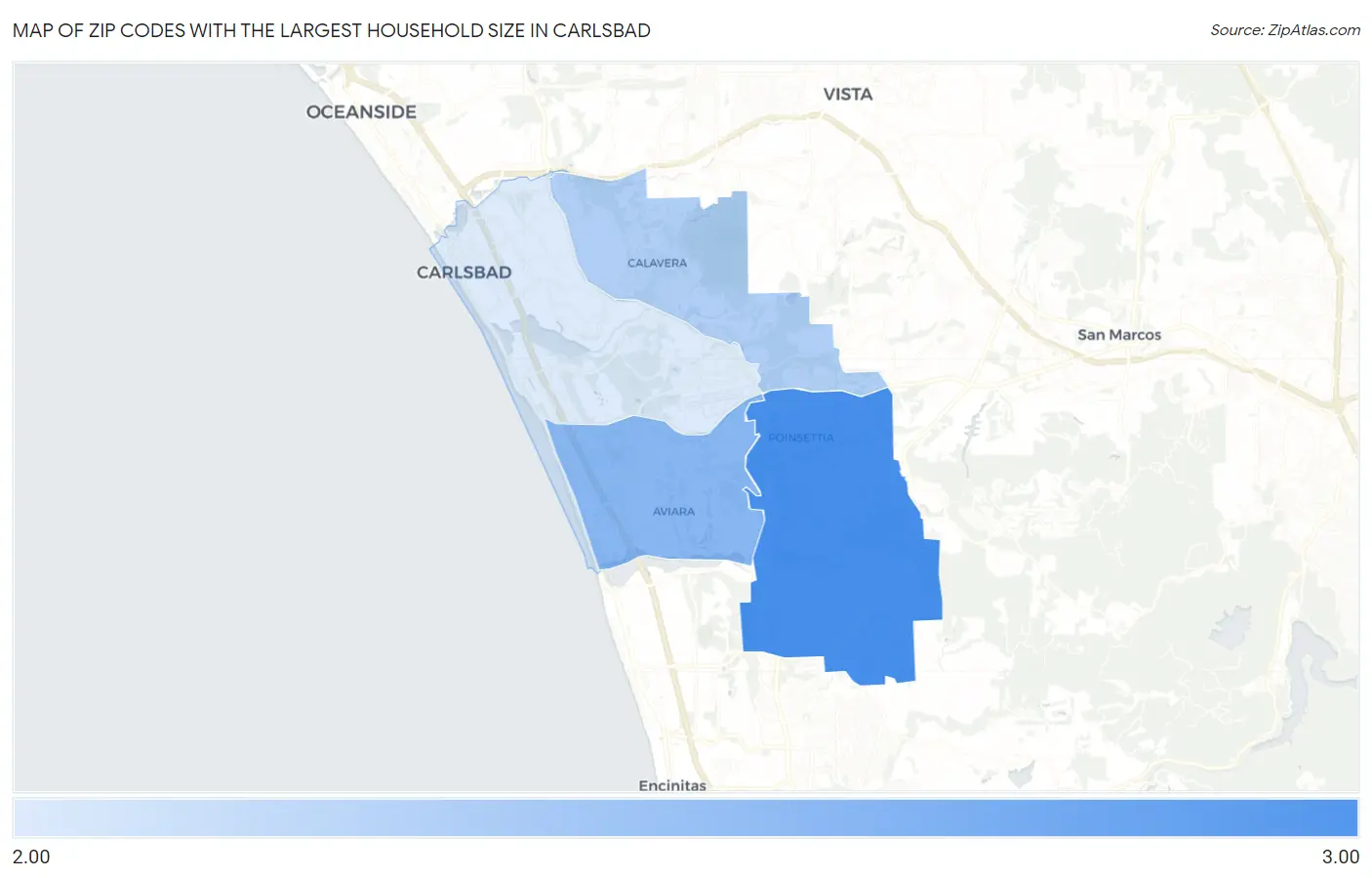 Zip Codes with the Largest Household Size in Carlsbad Map