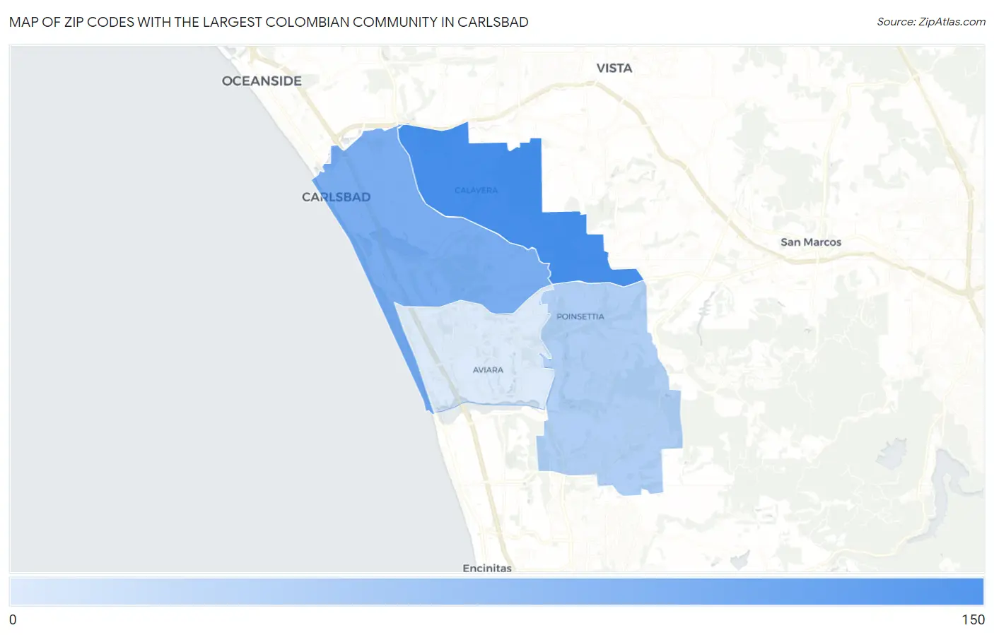 Zip Codes with the Largest Colombian Community in Carlsbad Map