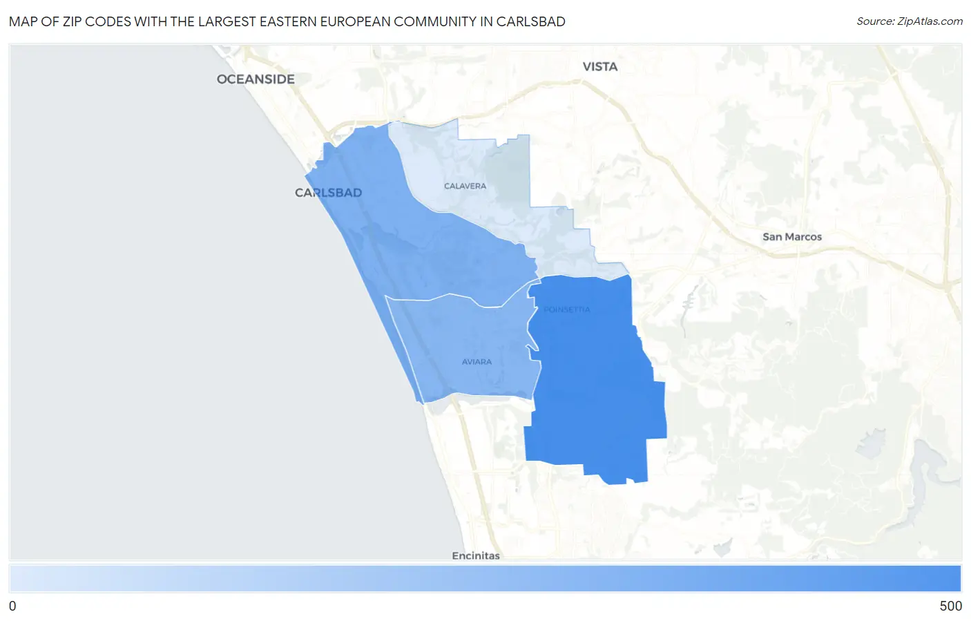 Zip Codes with the Largest Eastern European Community in Carlsbad Map