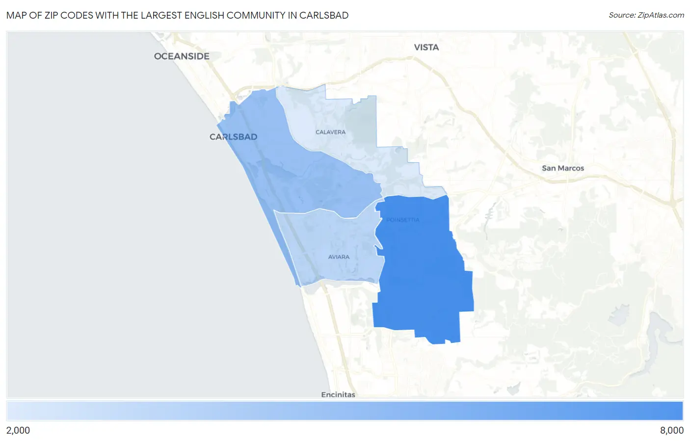 Zip Codes with the Largest English Community in Carlsbad Map
