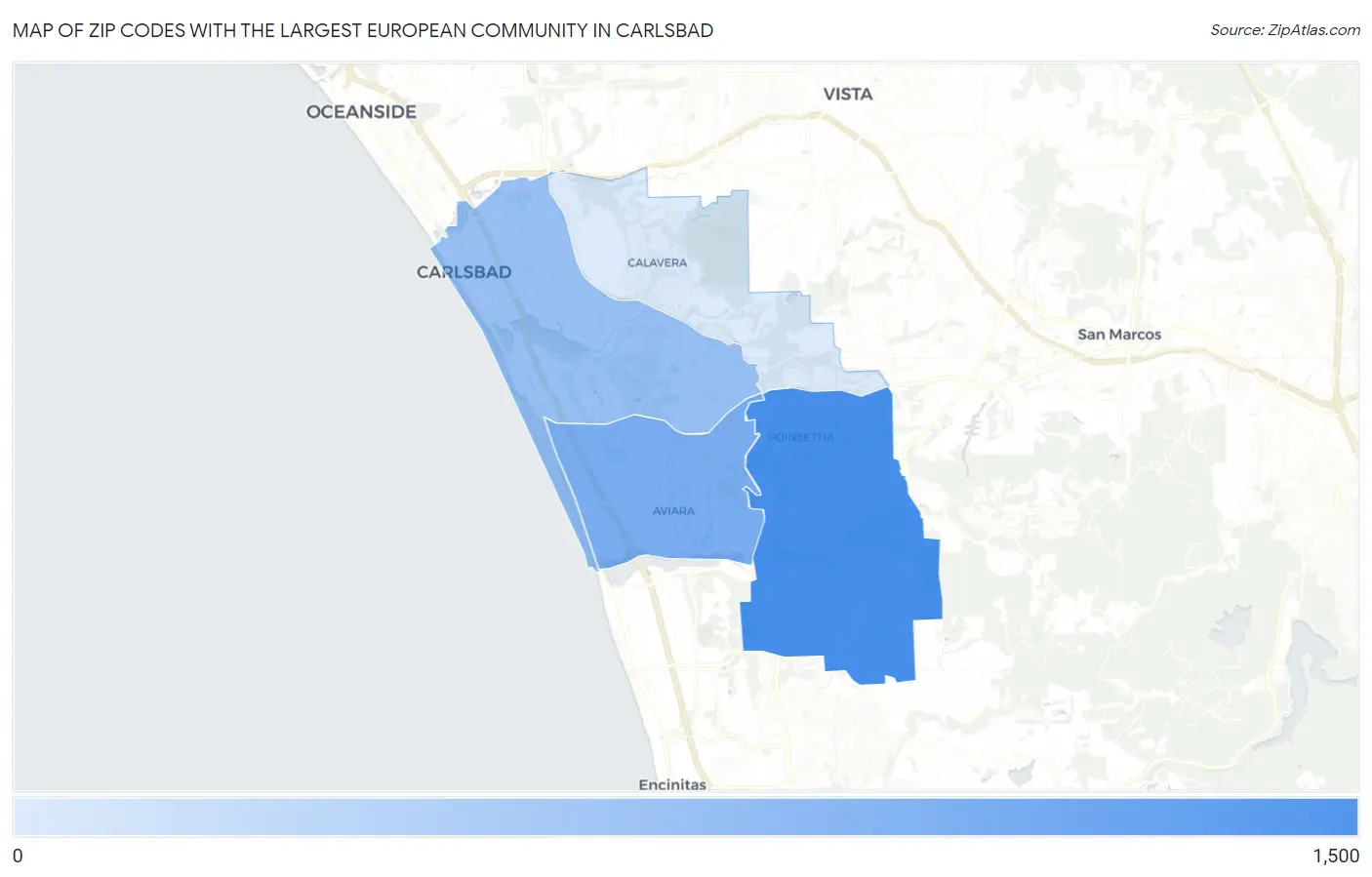 Zip Codes with the Largest European Community in Carlsbad Map