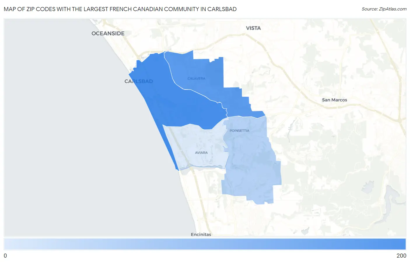 Zip Codes with the Largest French Canadian Community in Carlsbad Map