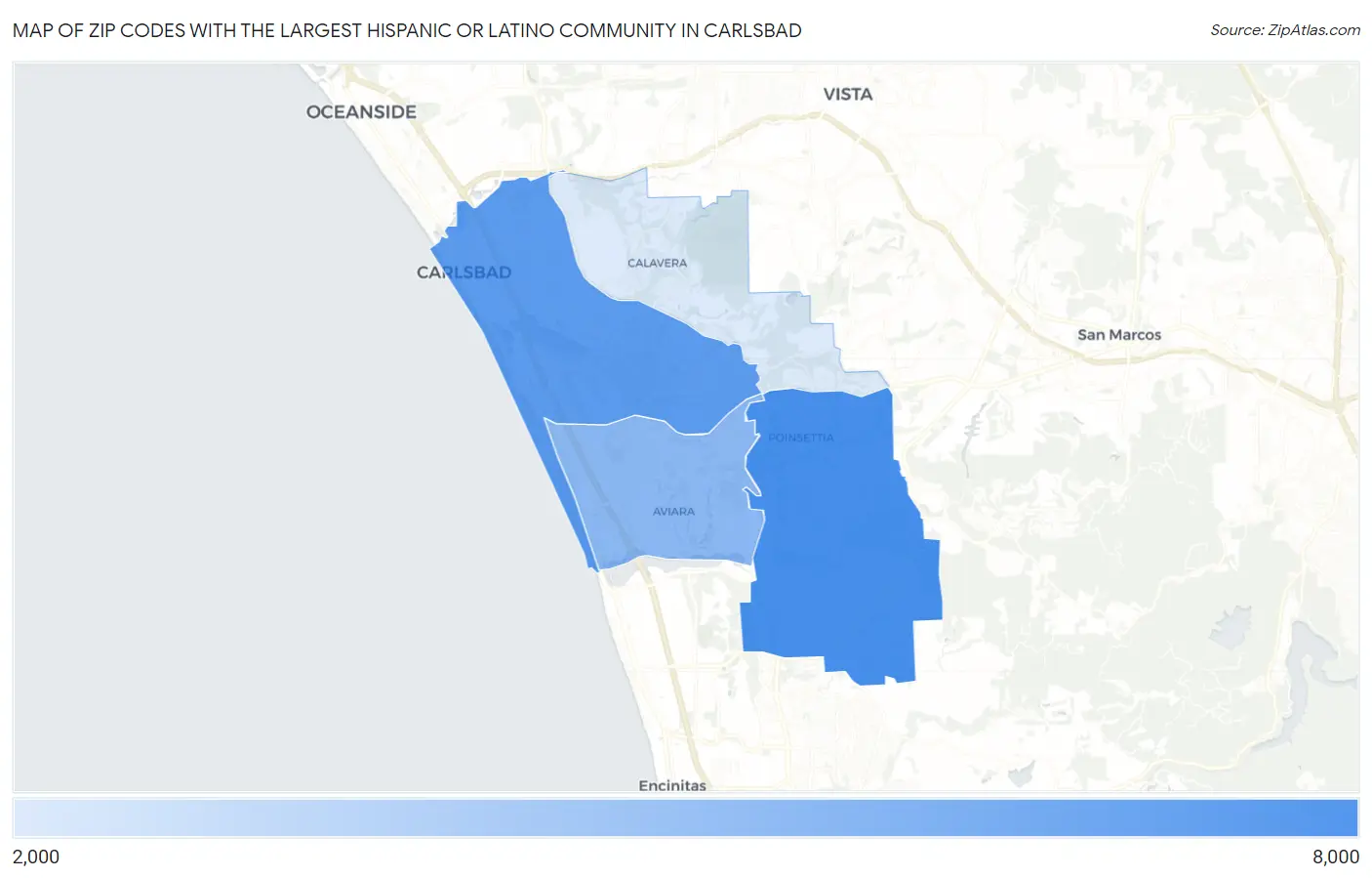 Zip Codes with the Largest Hispanic or Latino Community in Carlsbad Map