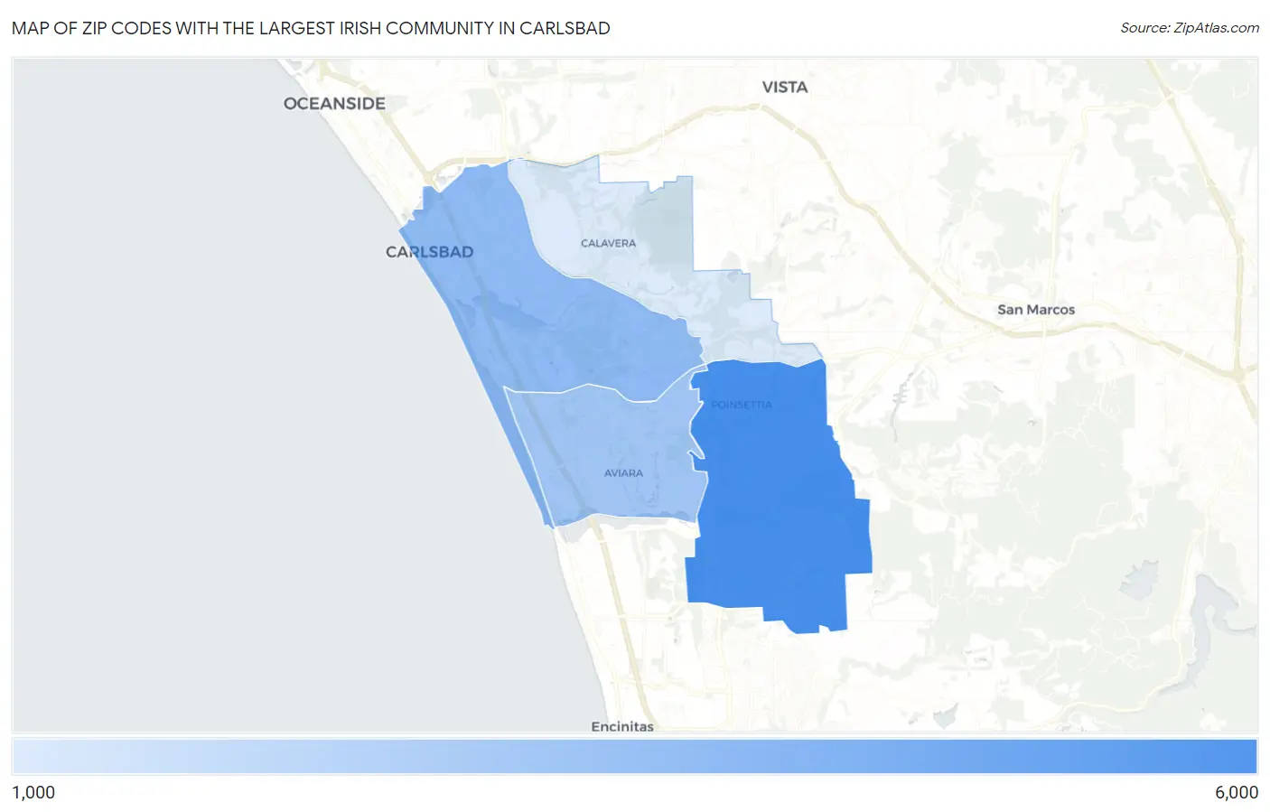 Zip Codes with the Largest Irish Community in Carlsbad Map