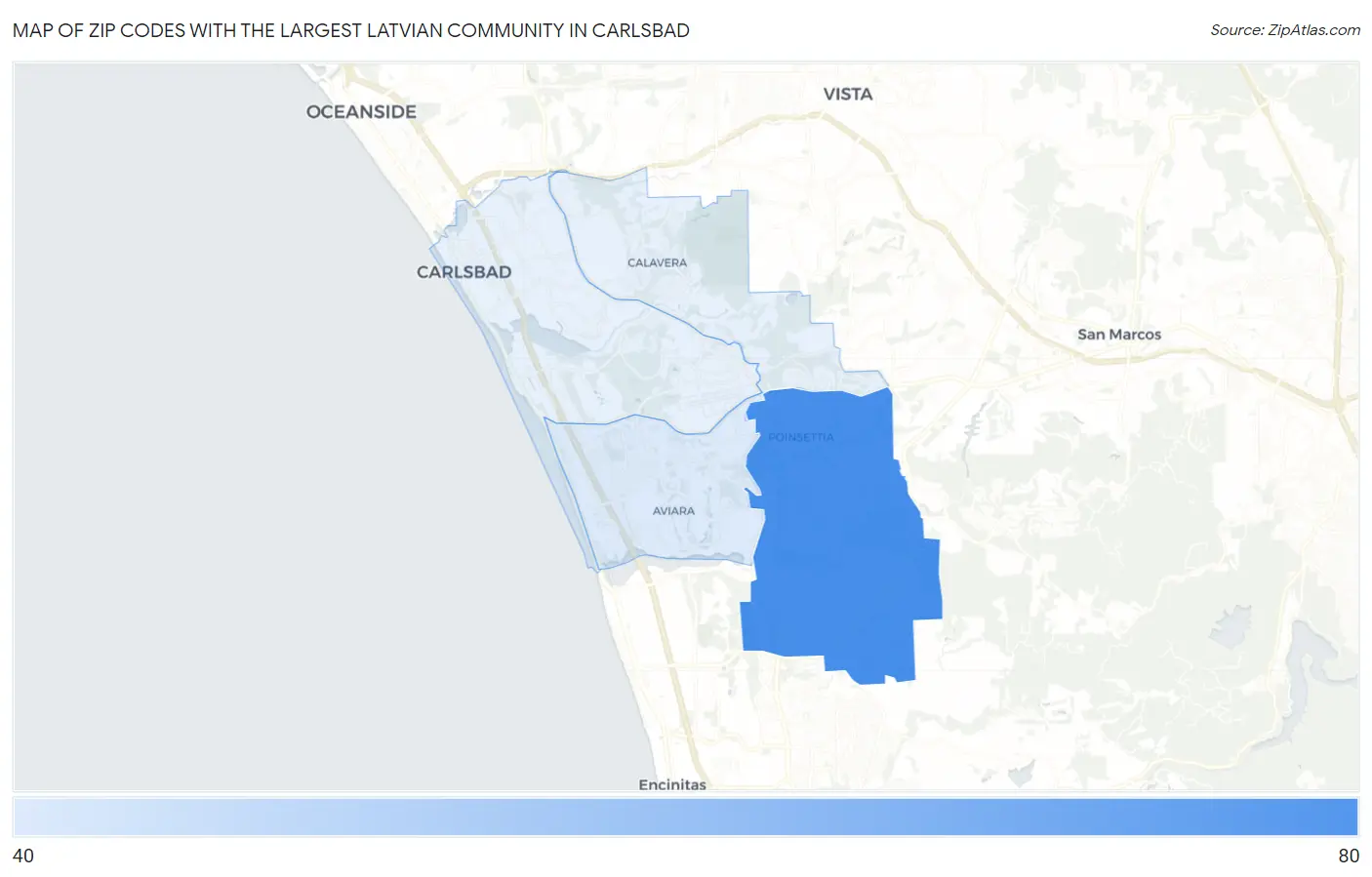 Zip Codes with the Largest Latvian Community in Carlsbad Map