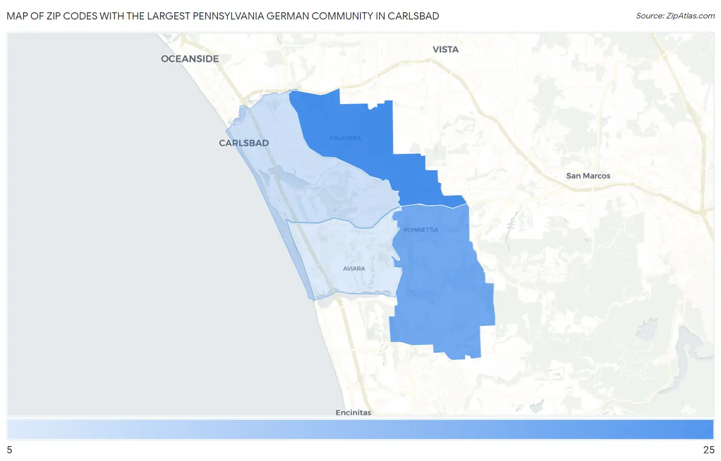 Zip Codes with the Largest Pennsylvania German Community in Carlsbad Map