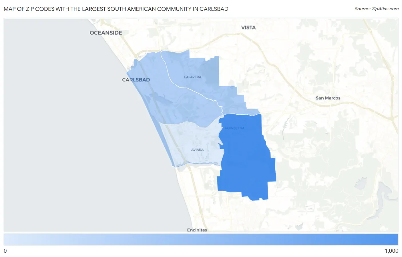 Zip Codes with the Largest South American Community in Carlsbad Map