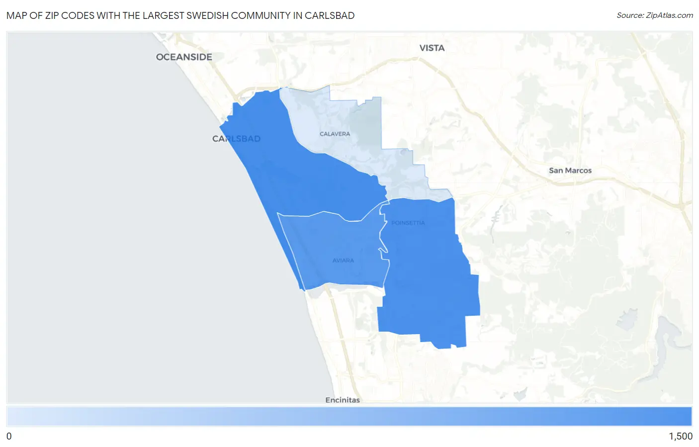 Zip Codes with the Largest Swedish Community in Carlsbad Map