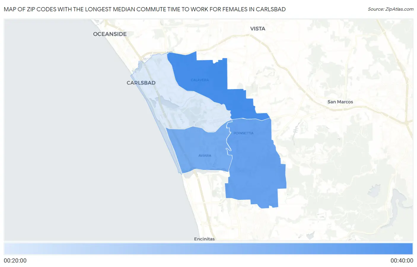 Zip Codes with the Longest Median Commute Time to Work for Females in Carlsbad Map