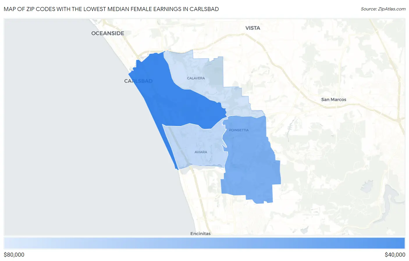 Zip Codes with the Lowest Median Female Earnings in Carlsbad Map