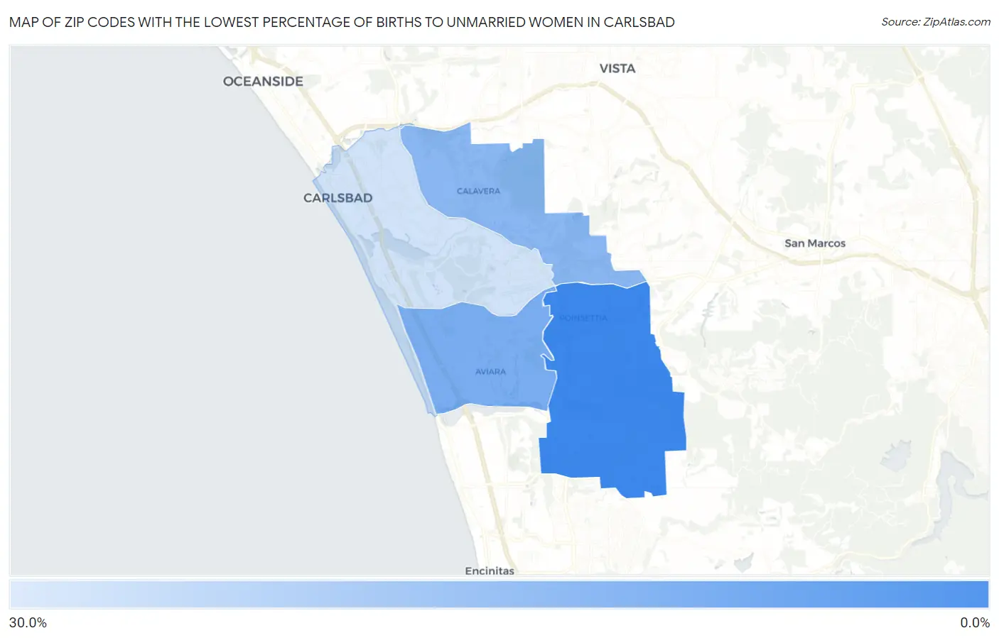 Zip Codes with the Lowest Percentage of Births to Unmarried Women in Carlsbad Map