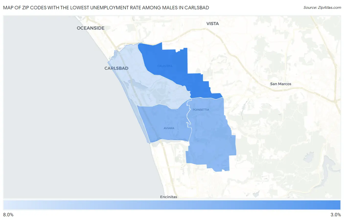 Zip Codes with the Lowest Unemployment Rate Among Males in Carlsbad Map