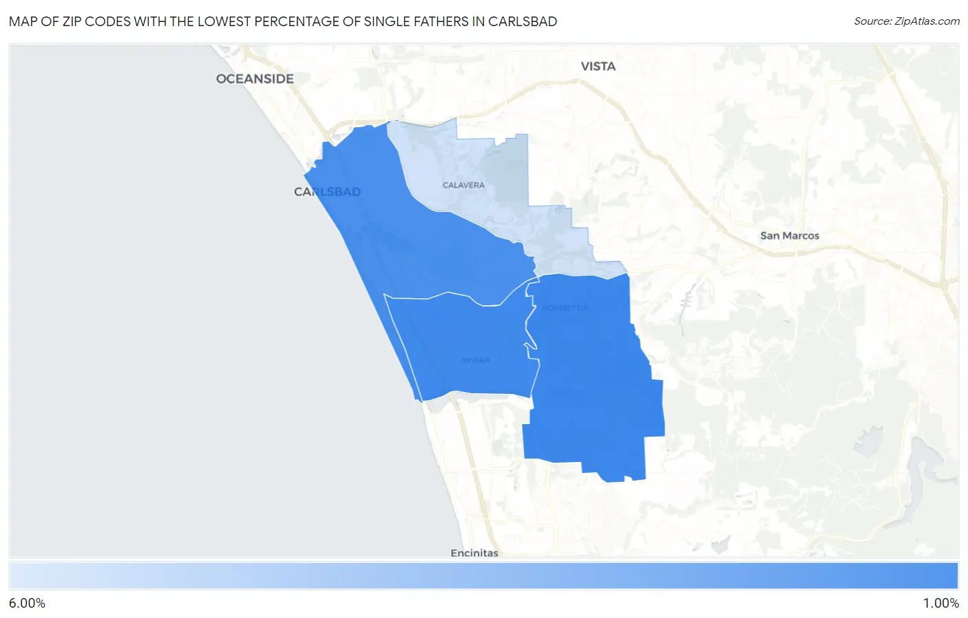 Zip Codes with the Lowest Percentage of Single Fathers in Carlsbad Map