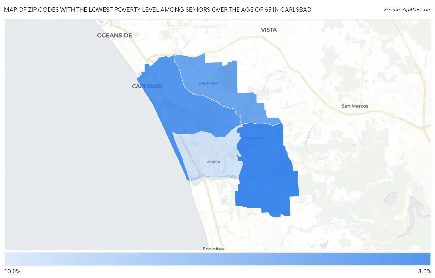 Zip Codes with the Lowest Poverty Level Among Seniors Over the Age of 65 in Carlsbad Map