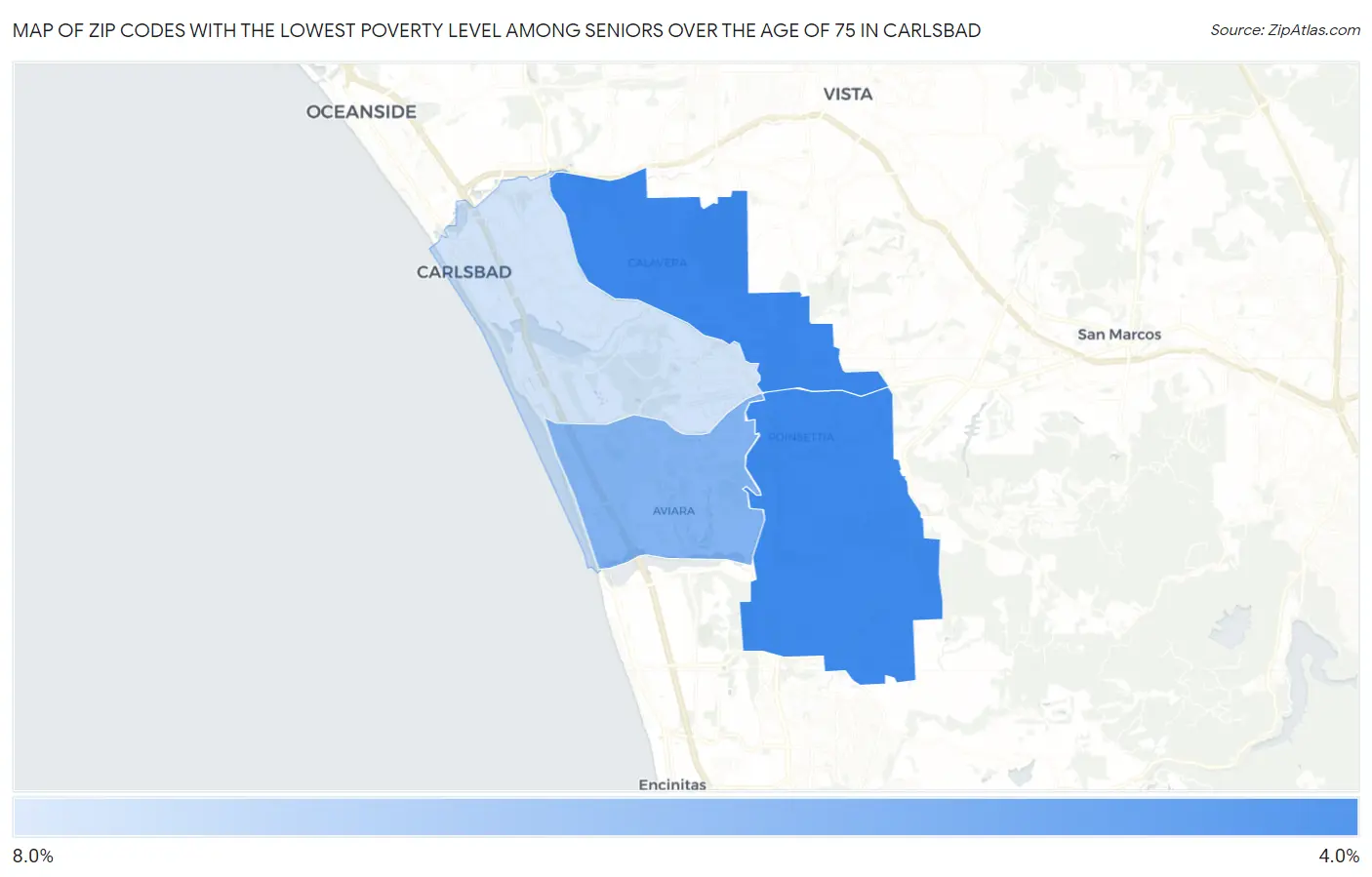 Zip Codes with the Lowest Poverty Level Among Seniors Over the Age of 75 in Carlsbad Map