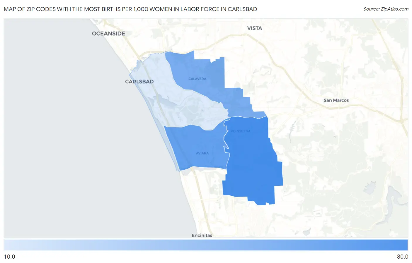 Zip Codes with the Most Births per 1,000 Women in Labor Force in Carlsbad Map