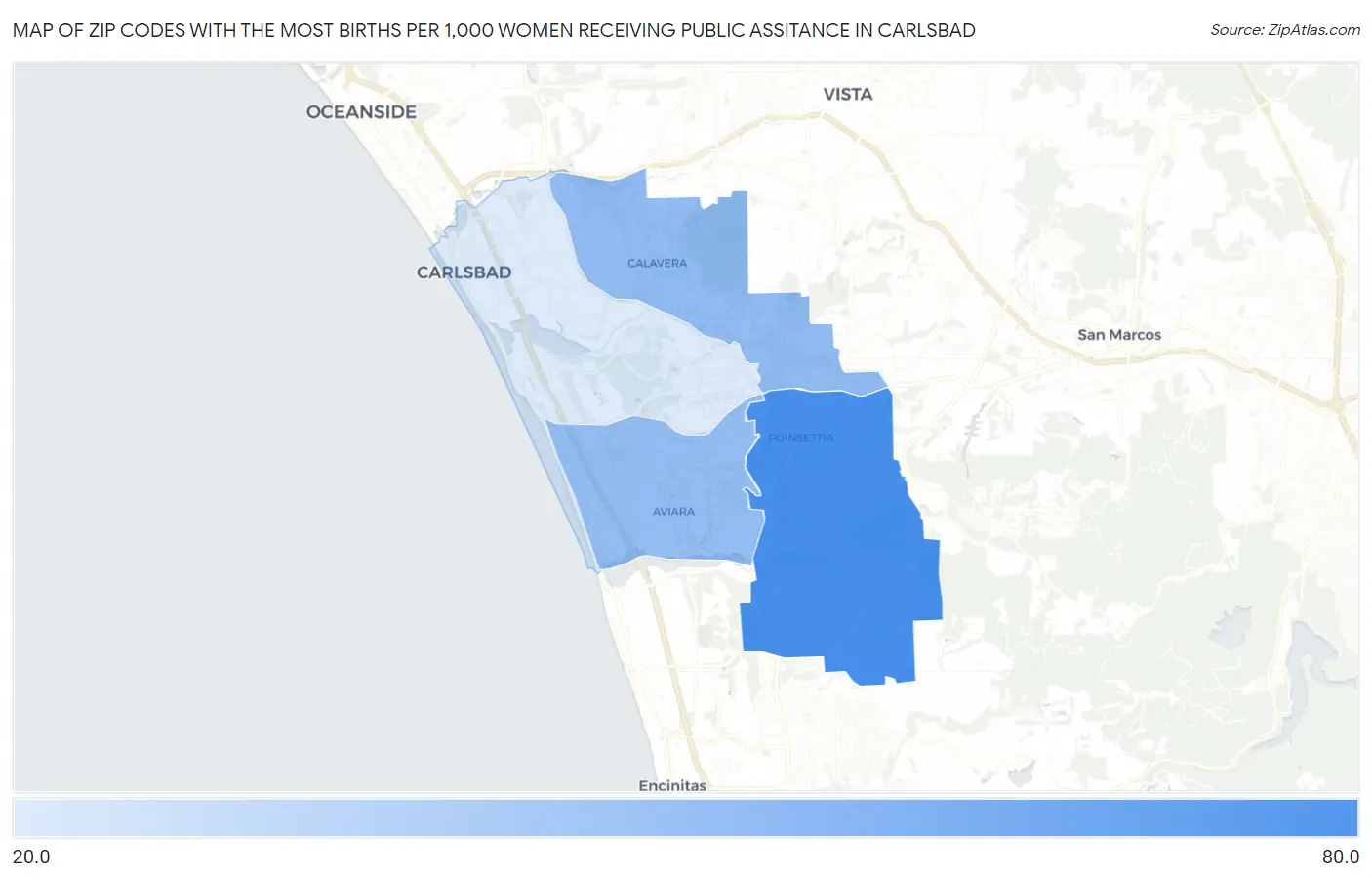 Zip Codes with the Most Births per 1,000 Women Receiving Public Assitance in Carlsbad Map