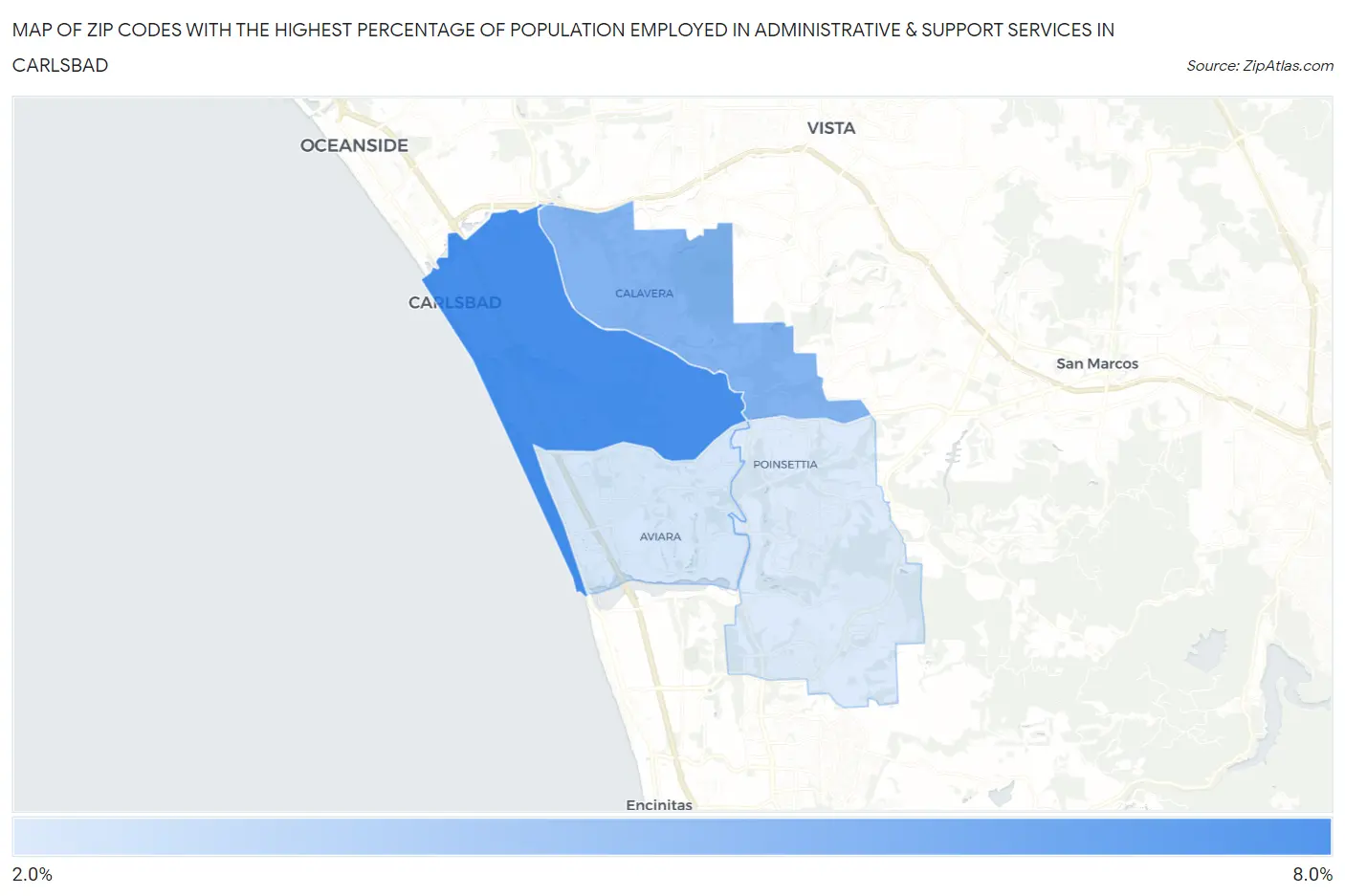 Zip Codes with the Highest Percentage of Population Employed in Administrative & Support Services in Carlsbad Map