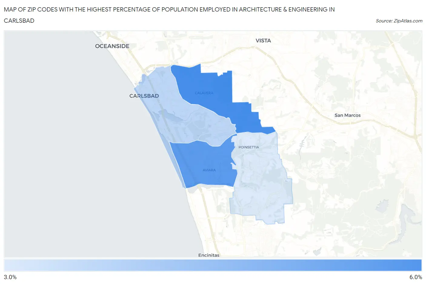 Zip Codes with the Highest Percentage of Population Employed in Architecture & Engineering in Carlsbad Map