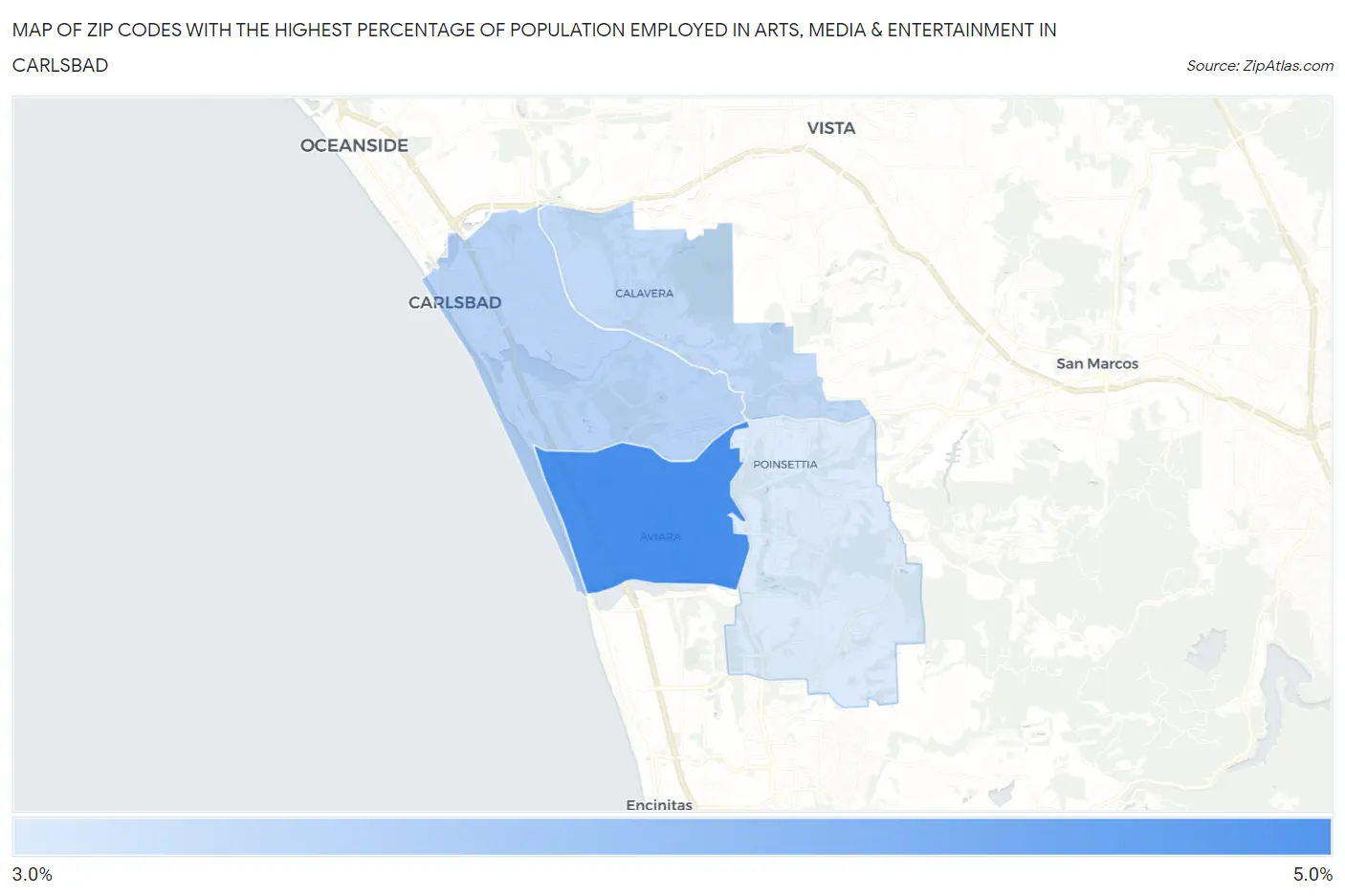 Zip Codes with the Highest Percentage of Population Employed in Arts, Media & Entertainment in Carlsbad Map