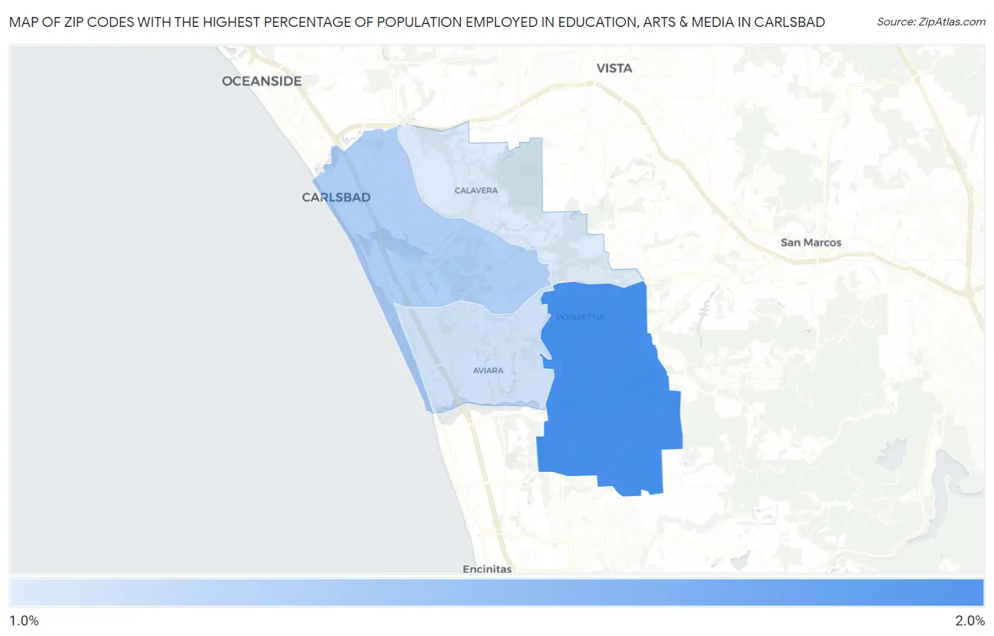 Zip Codes with the Highest Percentage of Population Employed in Education, Arts & Media in Carlsbad Map