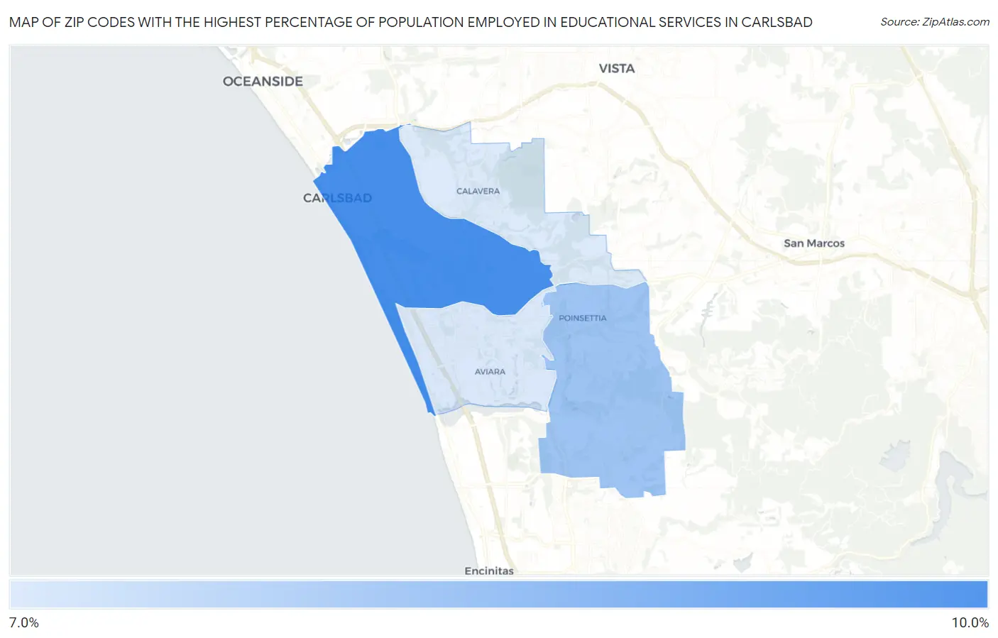 Zip Codes with the Highest Percentage of Population Employed in Educational Services in Carlsbad Map