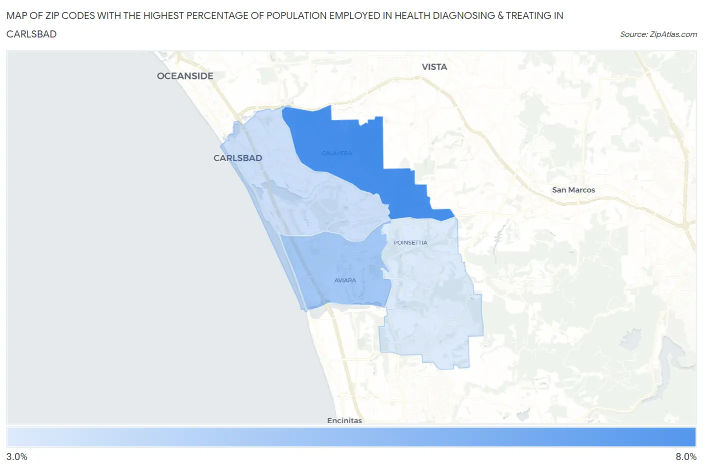 Zip Codes with the Highest Percentage of Population Employed in Health Diagnosing & Treating in Carlsbad Map