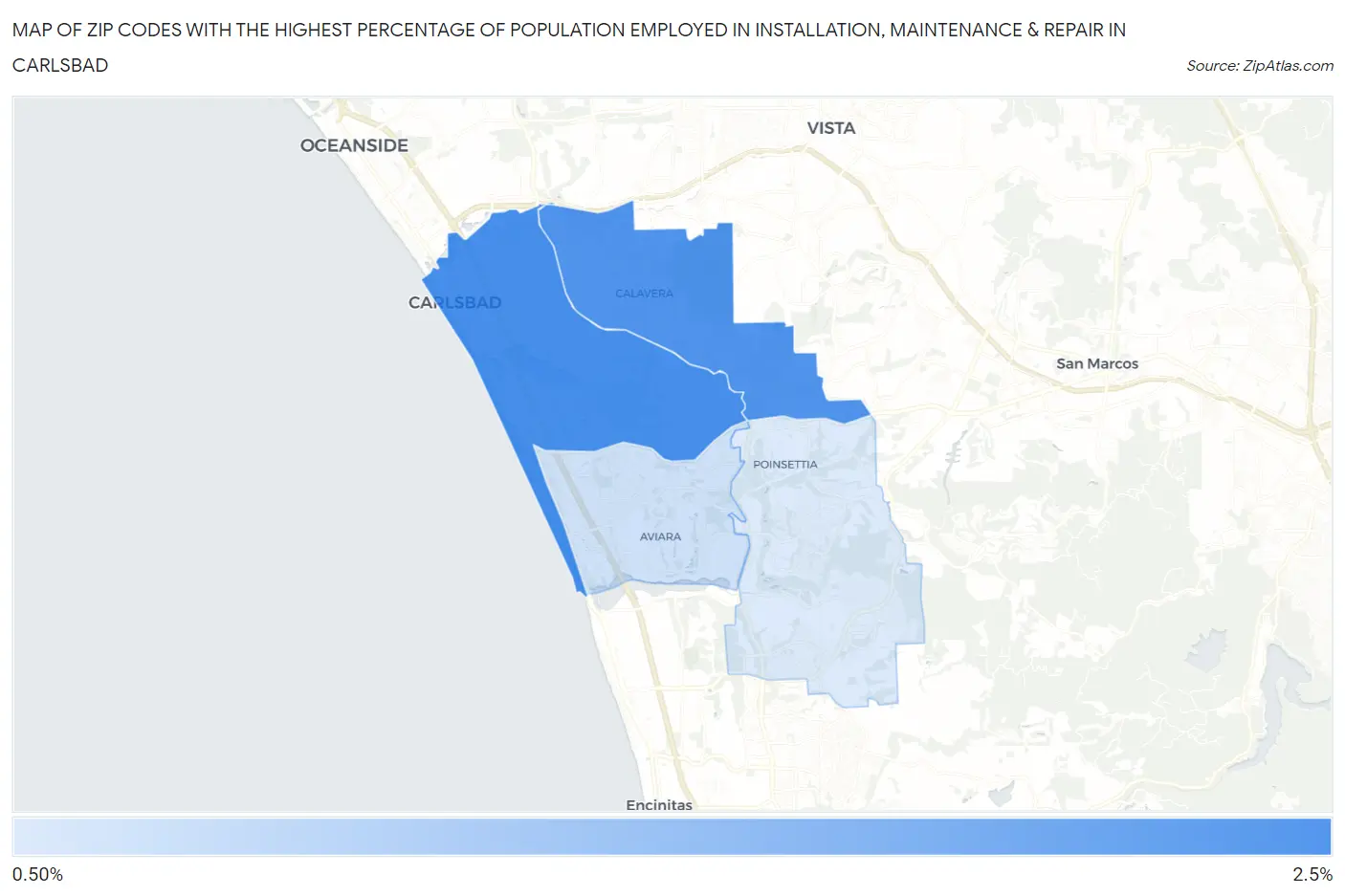 Zip Codes with the Highest Percentage of Population Employed in Installation, Maintenance & Repair in Carlsbad Map