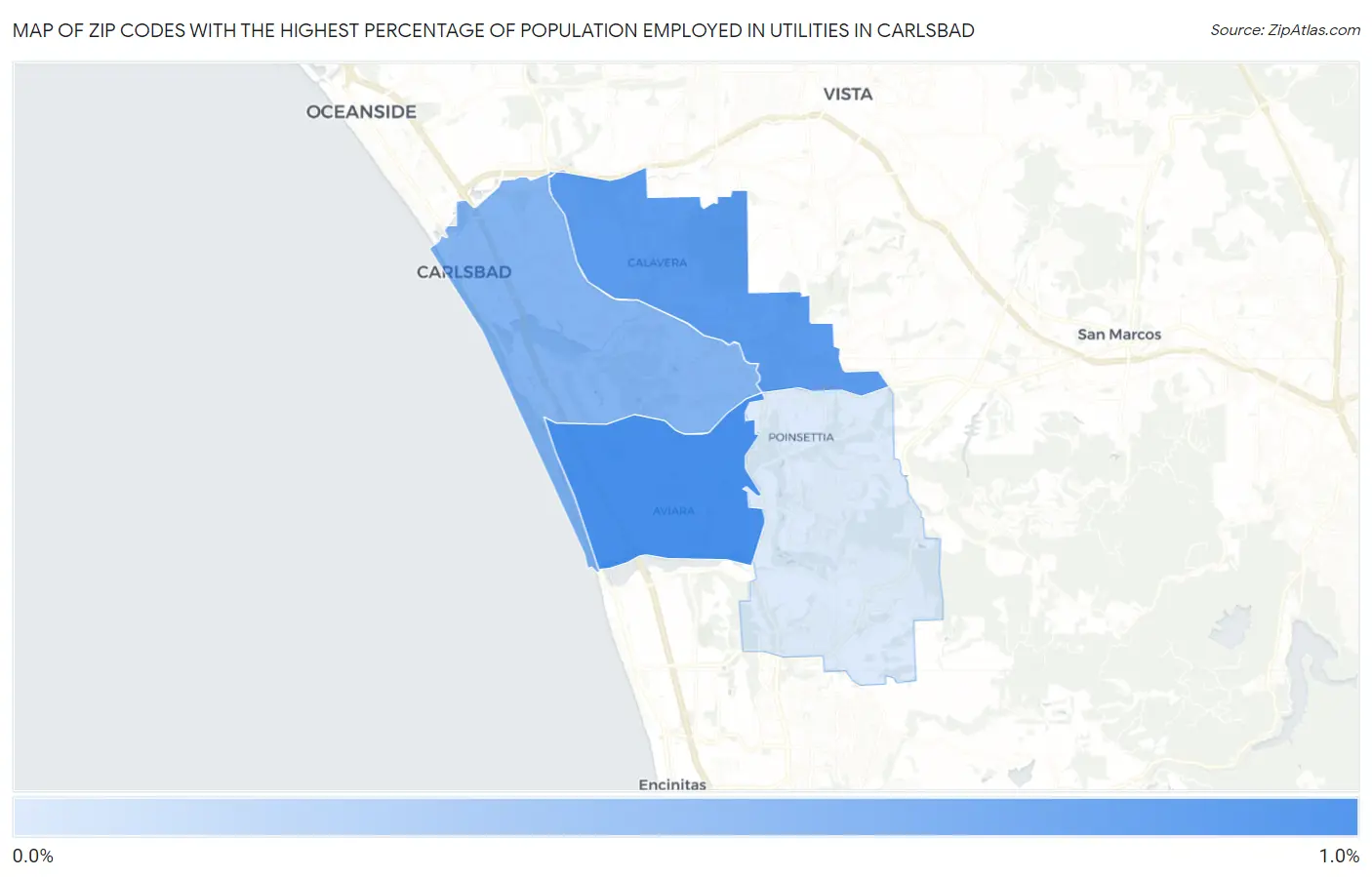 Zip Codes with the Highest Percentage of Population Employed in Utilities in Carlsbad Map
