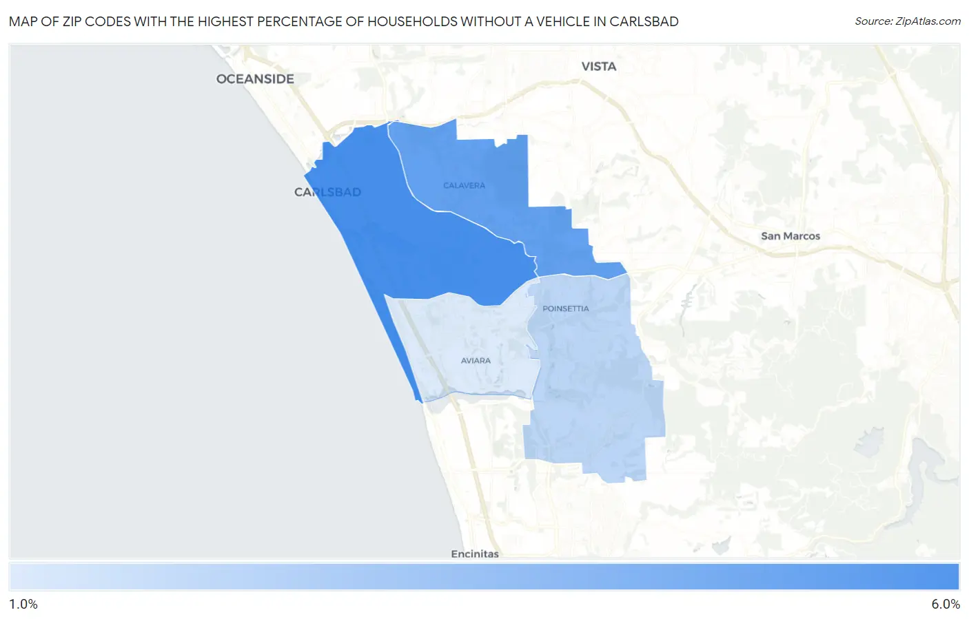 Zip Codes with the Highest Percentage of Households Without a Vehicle in Carlsbad Map
