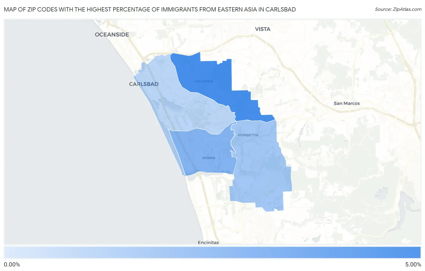 Zip Codes with the Highest Percentage of Immigrants from Eastern Asia in Carlsbad Map