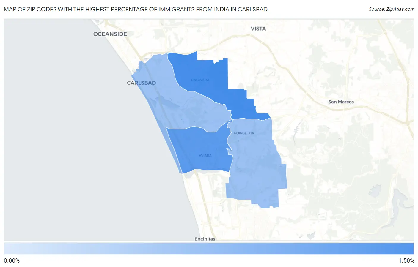 Zip Codes with the Highest Percentage of Immigrants from India in Carlsbad Map