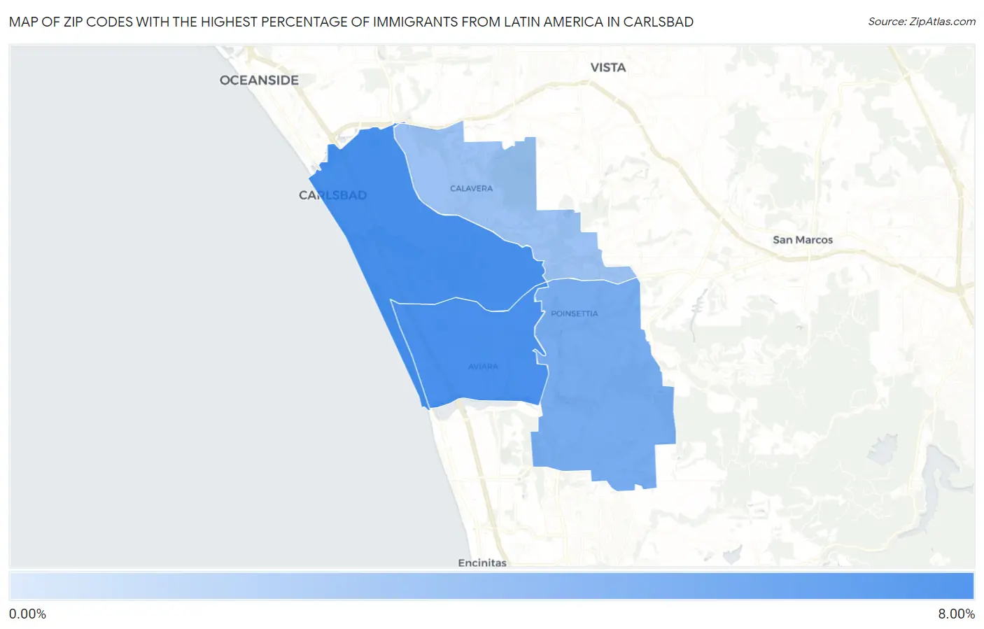 Zip Codes with the Highest Percentage of Immigrants from Latin America in Carlsbad Map