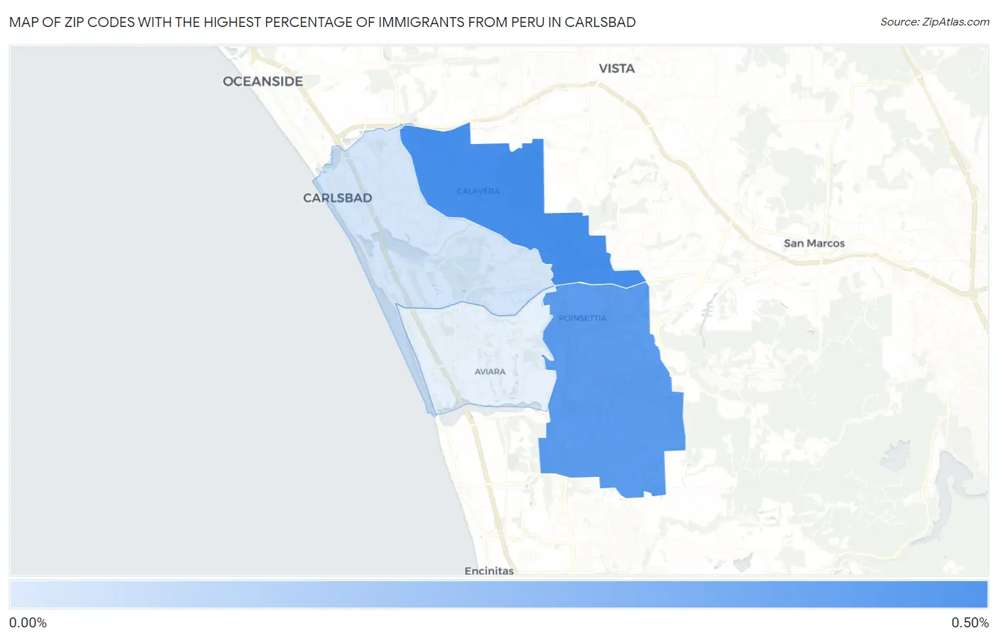 Zip Codes with the Highest Percentage of Immigrants from Peru in Carlsbad Map