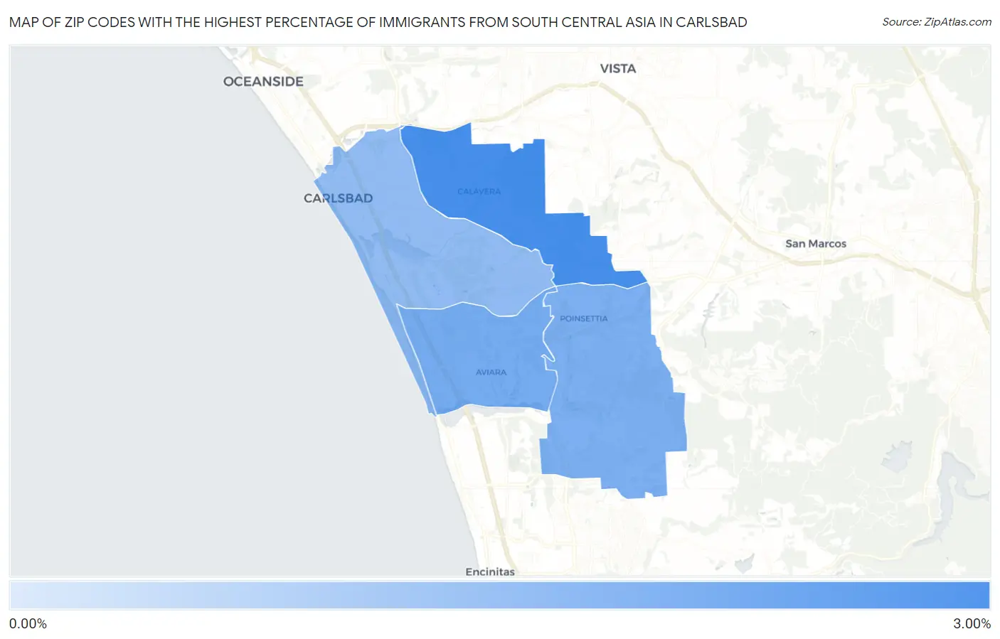 Zip Codes with the Highest Percentage of Immigrants from South Central Asia in Carlsbad Map
